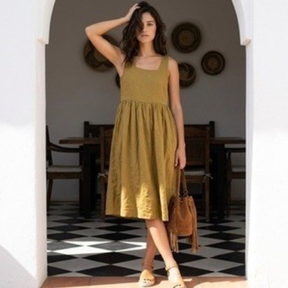 Not Perfect Linen Dresses & Skirts - Not Perfect Linen Dress Womens M Mustard Yellow Sleeveless Empire Waist Midi
